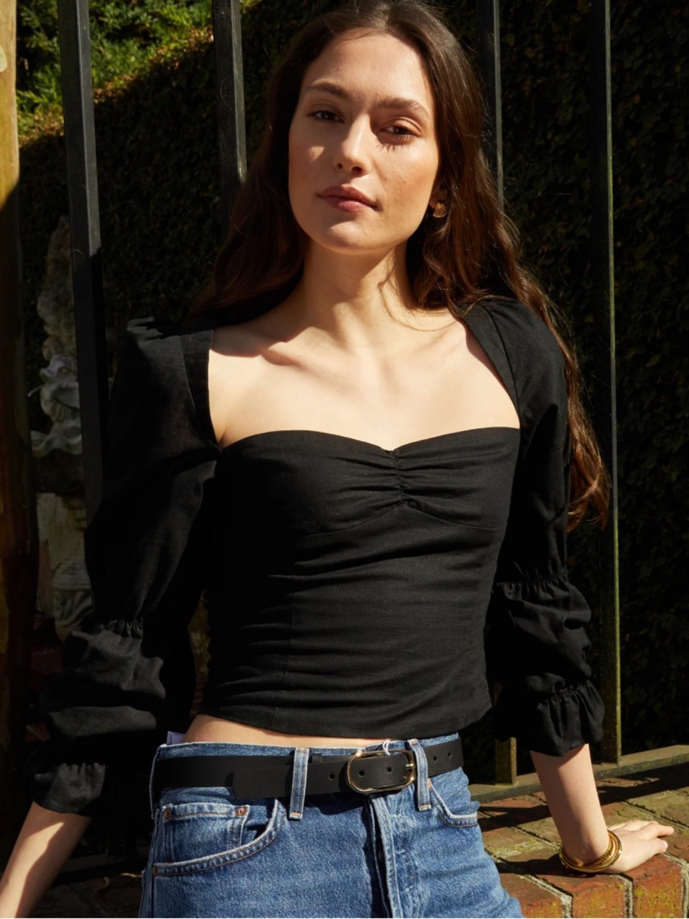 Black Ruched Sweetheart Crop Top with Puff Sleeves